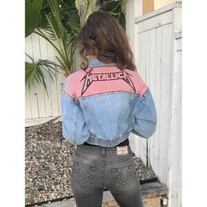 METALLICA Studded Upcycled Retro Vintage Denim Crop Jacket 90s Heavy Metal Sz M
